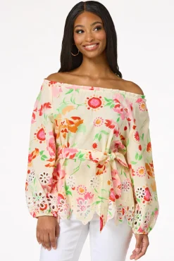 Off Shoulder Floral Eyelet Detail Top