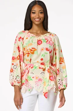 Off Shoulder Floral Eyelet Detail Top