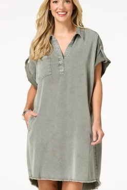 Olive Chambray Shift Dress