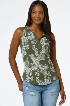 Olive Paisley Ribbed Henley Tank