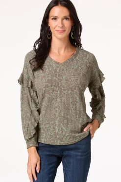 Olive Ruffled Sleeve Waffle Top