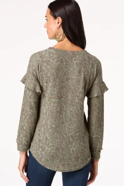 Olive Ruffled Sleeve Waffle Top