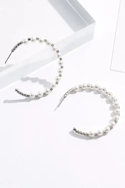 Pearl Rhinestone Open Hoop Earrings