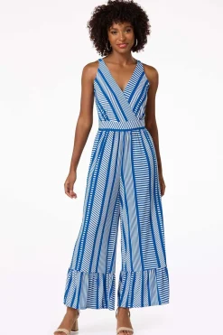 Petite Blue Patterned Tiered Leg Jumpsuit