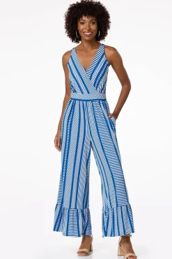 Petite Blue Patterned Tiered Leg Jumpsuit
