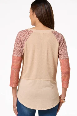 Print Mix Sleeve Notch Neck Top