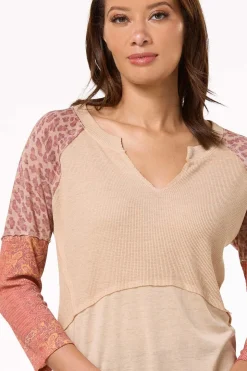 Print Mix Sleeve Notch Neck Top