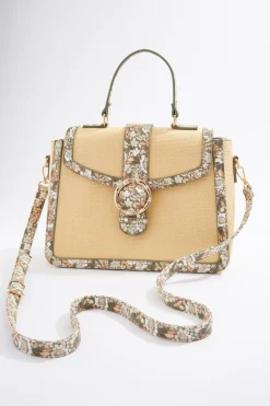Printed Trim Raffia Satchel