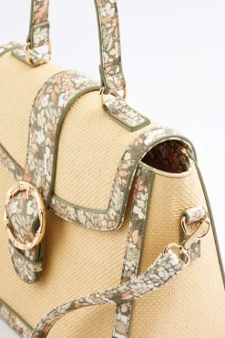 Printed Trim Raffia Satchel