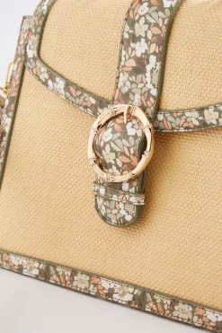 Printed Trim Raffia Satchel