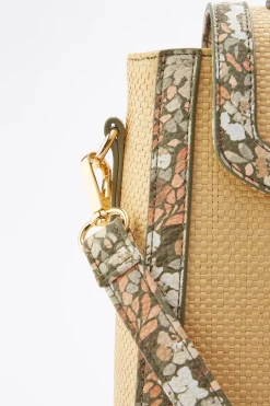 Printed Trim Raffia Satchel