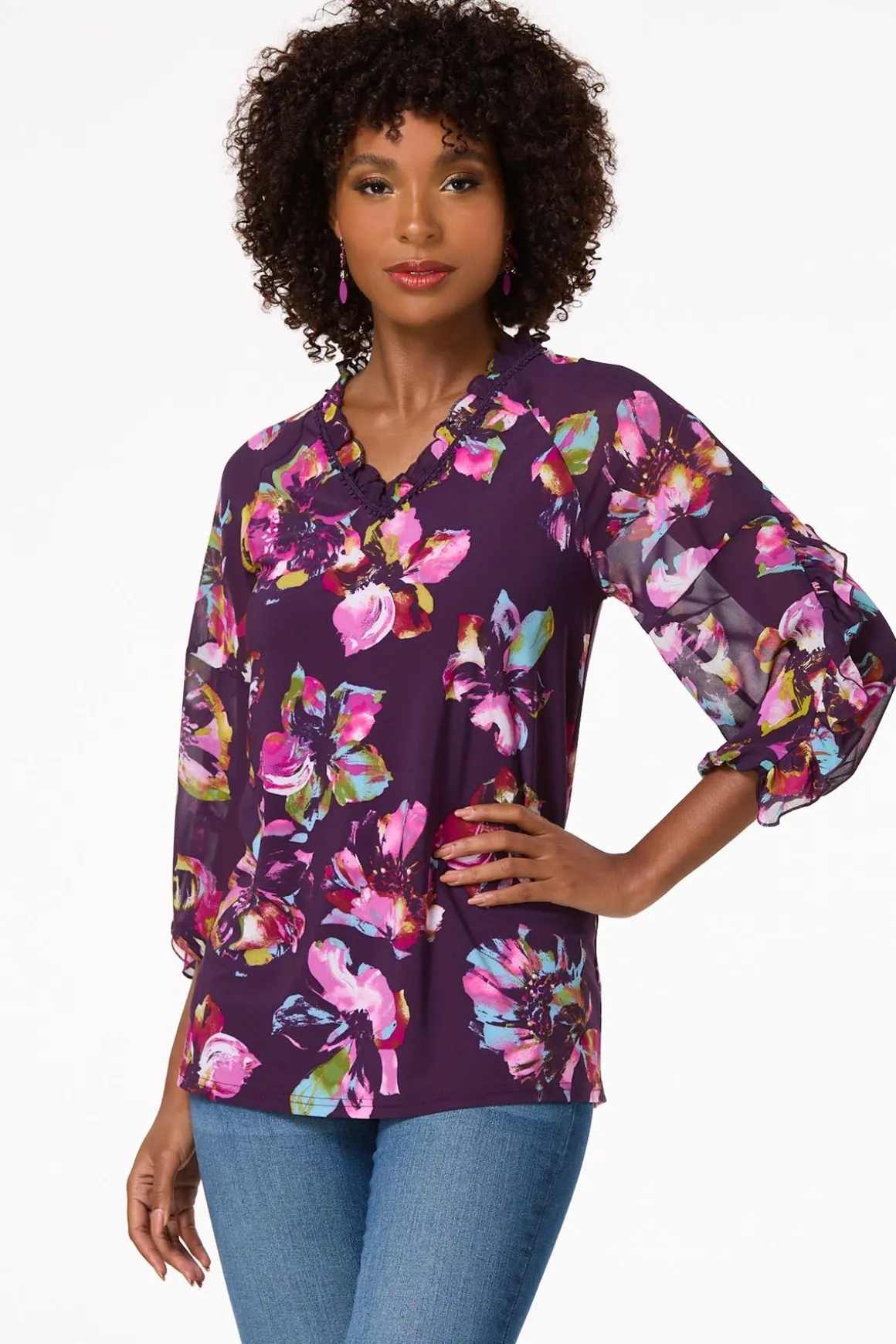 Purple Floral Ruffled Top