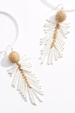 Raffia Ball White Bead Fringe Earrings