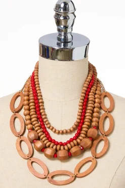 Red Bead Wood Mix Layered Necklace