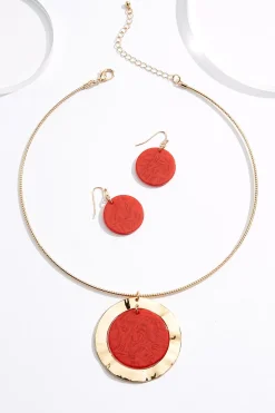Red Lucite Pendant Wire Necklace Set
