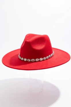 Rhinestone Band Red Panama Hat