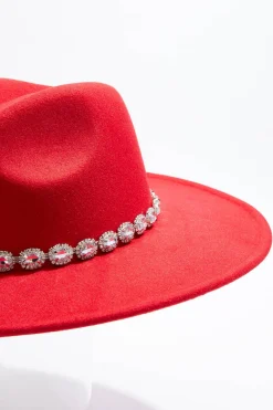 Rhinestone Band Red Panama Hat