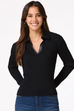Ribbed Faux Leather Collar Sweater