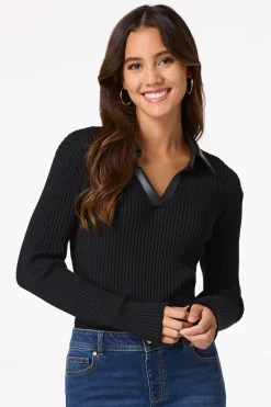 Ribbed Faux Leather Collar Sweater