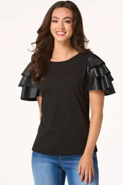 Ruffled Faux Leather Sleeve Tee