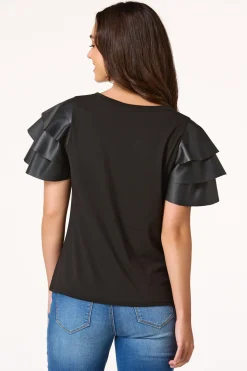 Ruffled Faux Leather Sleeve Tee