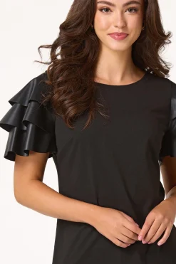 Ruffled Faux Leather Sleeve Tee