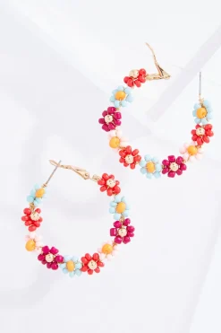 Seed Bead Flower Hoop Earrings