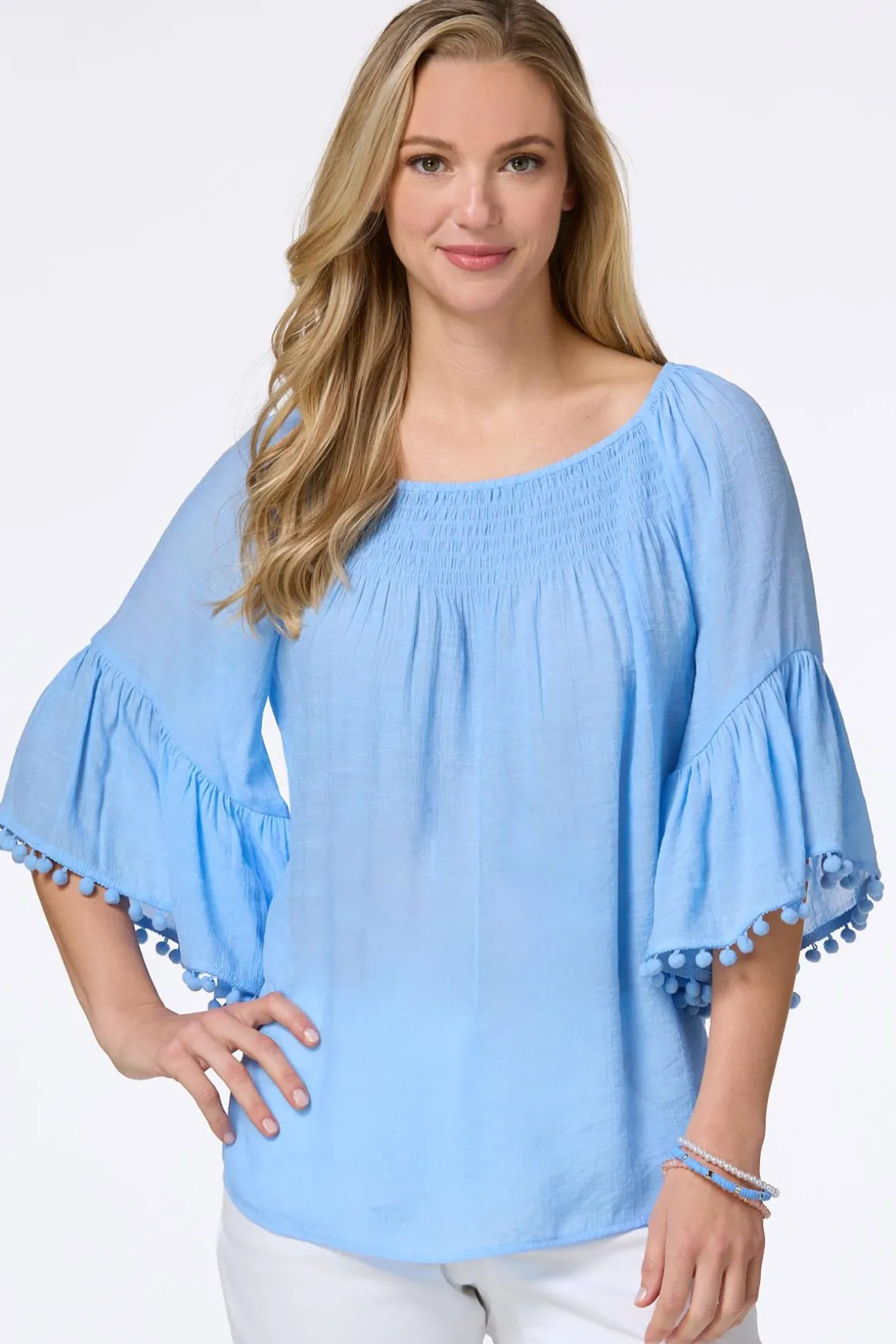 Smocked Pom Sleeve Poet Top