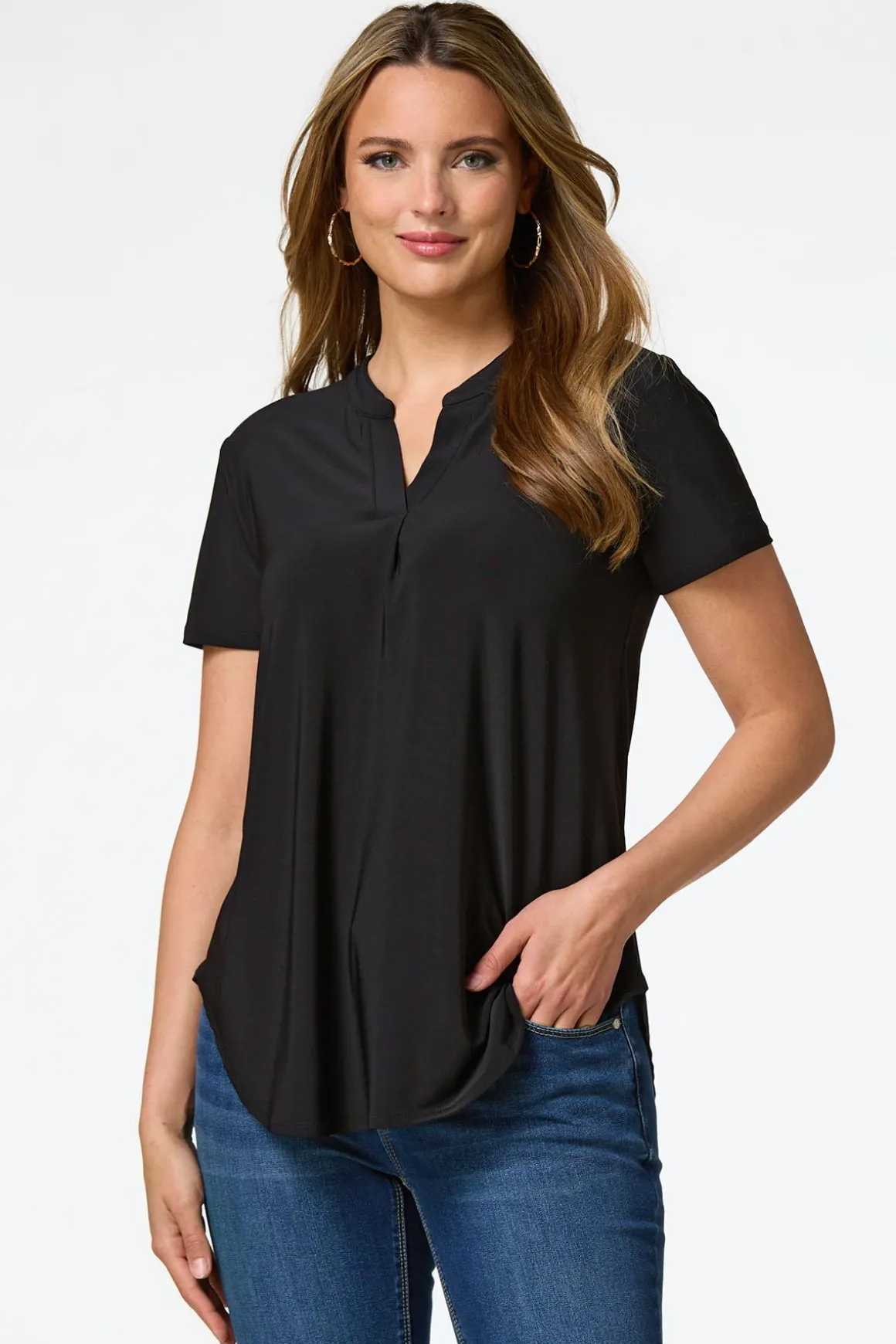 Solid Split V- Neck Top