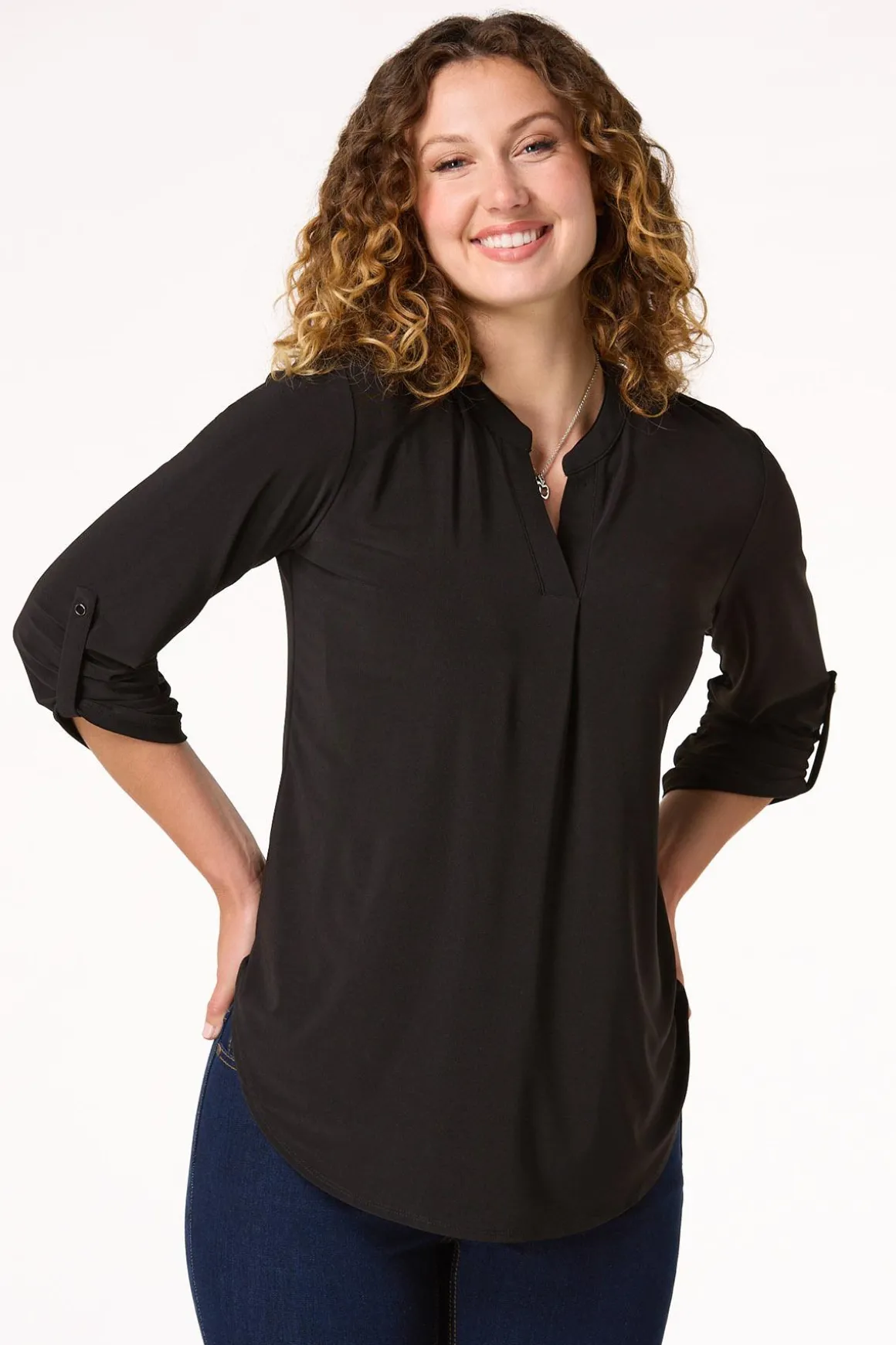 Solid Split V- Neck Top