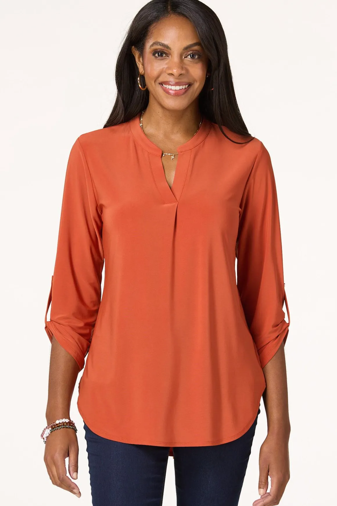 Solid Split V- Neck Top