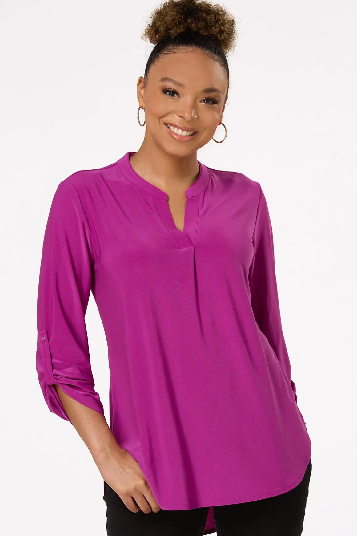 Solid Split V- Neck Top
