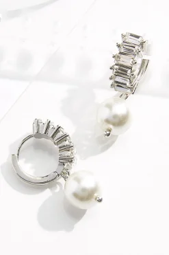 Stone Hoop Pearl Earrings