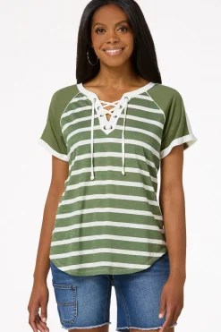 Stripe Lace- Up Top