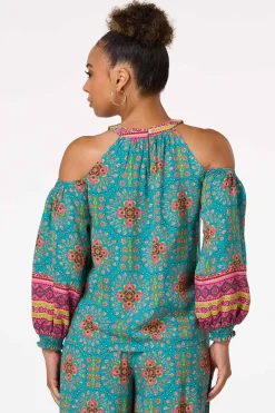Teal Floral Cold Shoulder Top