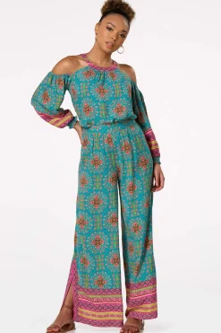 Teal Floral Cold Shoulder Top