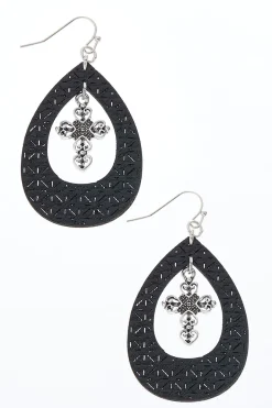 Tear Shaped Cross Charm Earrings