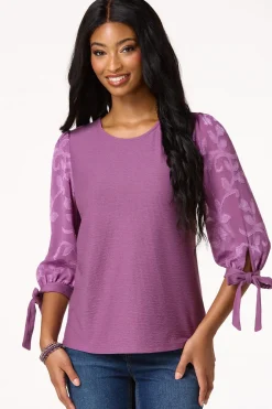 Textured Floral Tie Sleeve Top