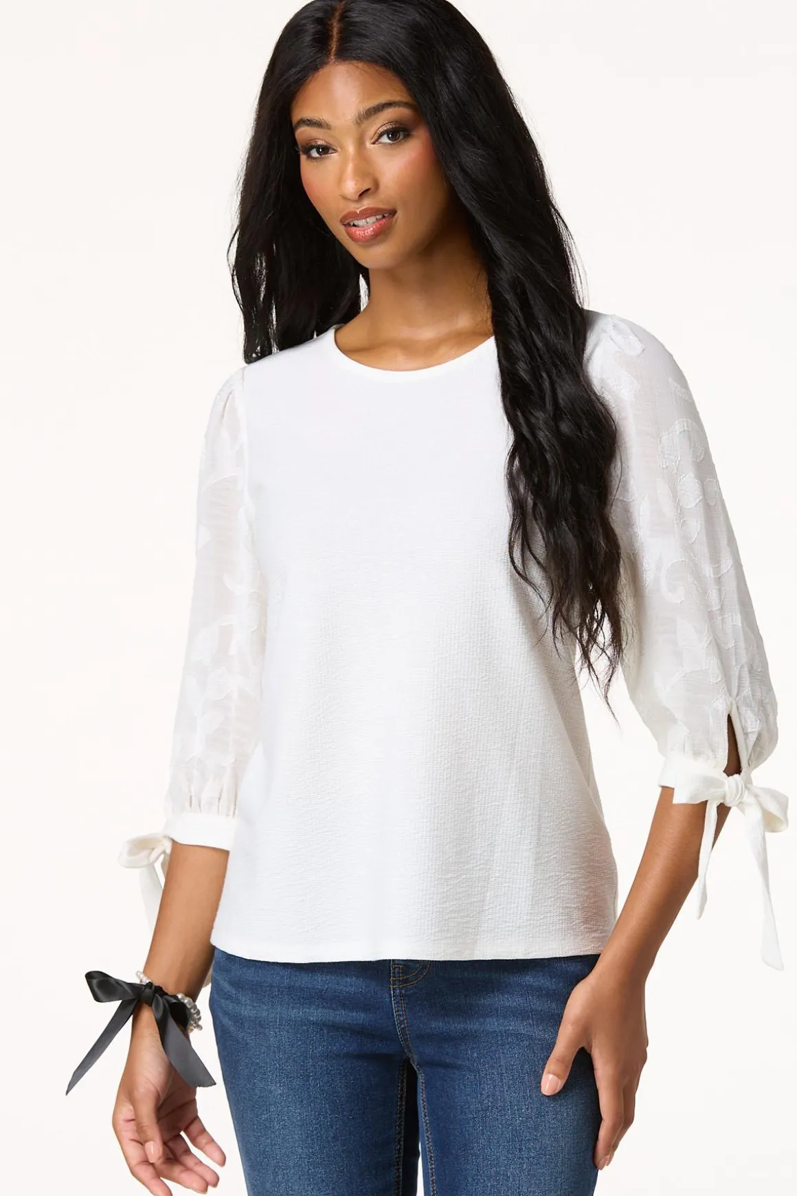 Textured Floral Tie Sleeve Top