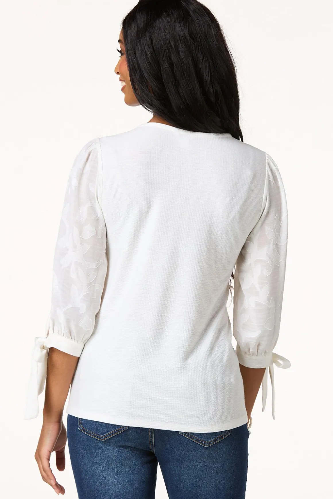Textured Floral Tie Sleeve Top