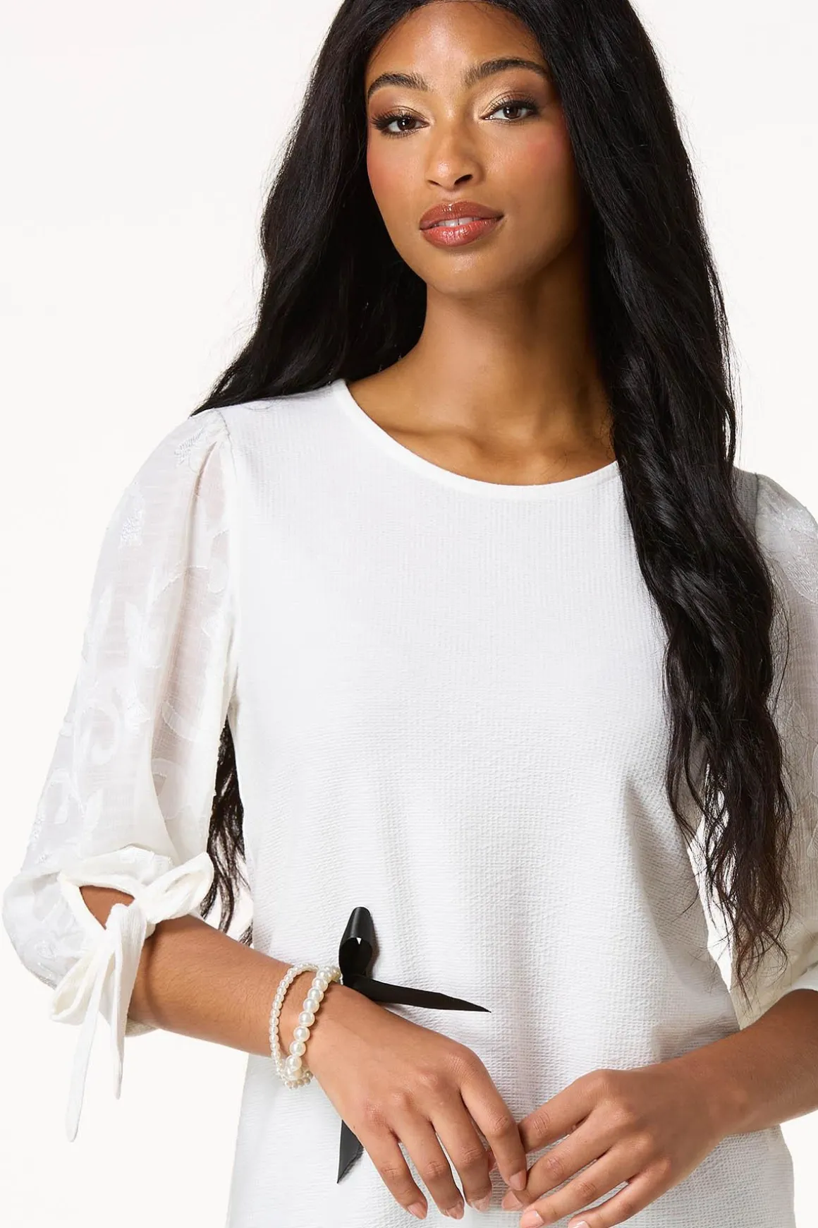 Textured Floral Tie Sleeve Top