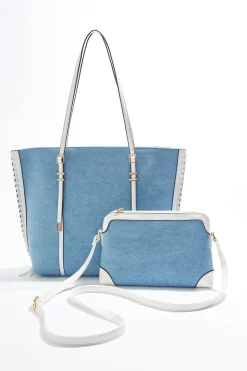 Whipstitch Trim Denim Tote Set