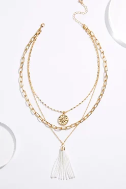 White Seed Bead Tassel Layered Necklace