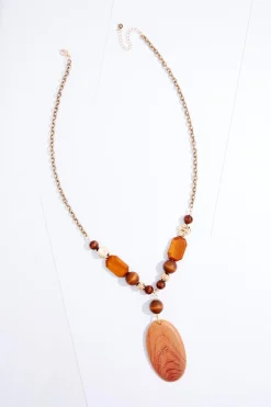 Wood Brushed Pendant Long Necklace