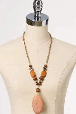 Wood Brushed Pendant Long Necklace