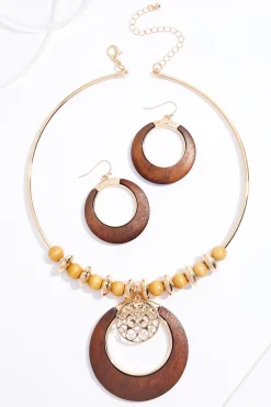 Wood Circle Gold Pendant Necklace Set
