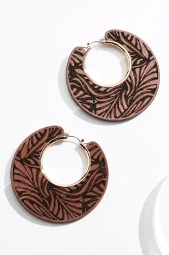 Wood Leaf Pattern Hoop Earrings