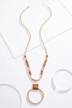 Wood Metal Circle Pendant Necklace