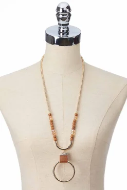 Wood Metal Circle Pendant Necklace