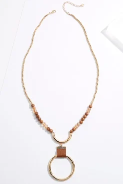 Wood Metal Circle Pendant Necklace